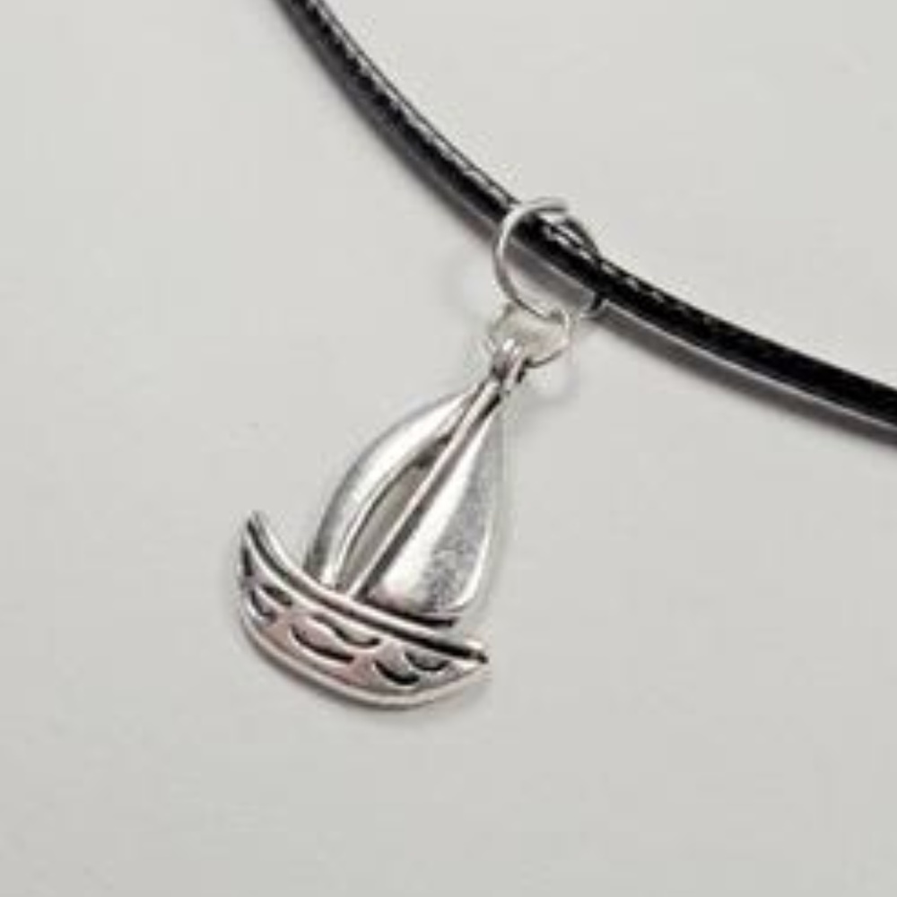 NAUTICAL SAILBOAT BOATING BLACK LEATHER NECKLACE